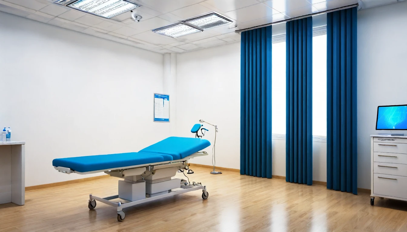 background image,blue curtains,small hospital room,examination room,white walls,clean,chair,doctor's desk