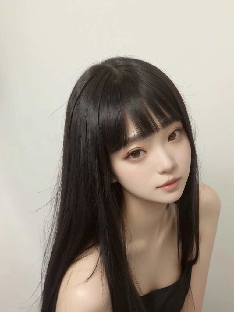 Un primer plano de una mujer con cabello largo y negro y un vestido negro, pelo cortado hime negro, el corte de hime, peinado de corte hime blanco, ella tiene el pelo negro con flequillo, es el estilo de junji, flequillo largo y recto, cabello limpio con flequillo, ulzzang, shikami, chica anime en la vida real, pelo largo con flequillo completo