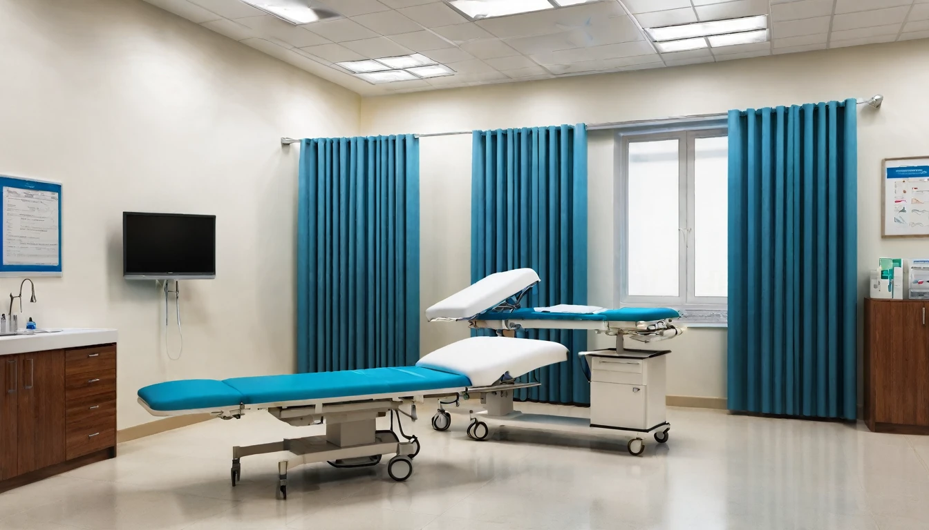 background image,blue curtains,small hospital room,examination room,white walls,clean,chair,doctor's desk