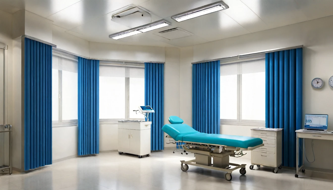 background image,blue curtains,small hospital room,examination room,white walls,clean,chair,doctor's desk