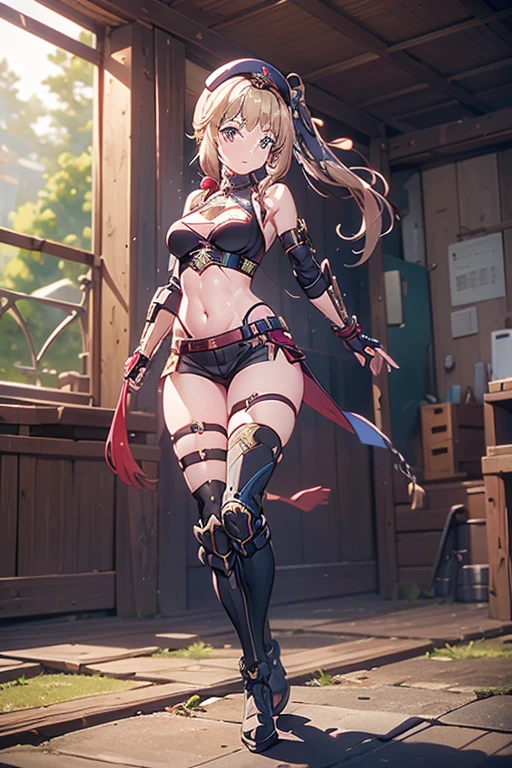 ubel,dark green hair,long hair,side ponytail,hair between eyes,bangs, BREAK (beret, black jacket, open clothes, cleavage, midriff, black shorts, black thighhighs, thigh strap, fingerless gloves, single glove:1.2), Photo,sharpness, F1.6 lens,hyper-realistic textures,spectacular light textures, Cinestil 800 Fashion Mechanics,(((Beautiful woman with left leg restrained and hung by chains))),Appearance,Beautiful girl with accentuated slender abs: 1.1,six-pack abs: 1.1, Bust Botox,Standing on tiptoe, long legs,Long brown hair fluttering in the wind,Brown hair, Long hair, Female Warrior Costume,(No panties,No bra),(tacticul battle fashion,elbow and knee tacticul battle fashion, battle glove: 1.1),((cute batre costume)),The belly comes out and the navel is visible,Thin sheer costume, combat gloves,shredded costumes,cyber long combat boots with golden knee pads,Anatomical,(futuristic sci-fi battle fashion, new elbow and knee cyberpads, new cyberlong boots, new cybergloves: 1.1),(tied perfectly by iron chain), Restraint, Slave, collars, contempt, (Chained), 4 chains hung from heaven, Metallic shackles and fetters, wet crotch clearly visible,((Hands are restrained above the head)), the neck is chained,Chain from left knee to heaven,Chained by rusty iron chains,((the tip is protruding, areolas protruding,The shape of the pubic area is clearly visible:1.2)),Sweating,Wet,Wet crotch,Wet thighs,Junkyard, Realistic, (cute, perfect clothes, skimpy clothes, cute: 1.3) ,Vast miritary base in us,((wide mirtary hospital with summer sunlight)), peeling ceilings, Rebar between, Realistic material details, Extreme details, Ultra-realistic materials,narrow waist,(with sparkling eyes and a contagious smile:0.9),looking at viewer, 