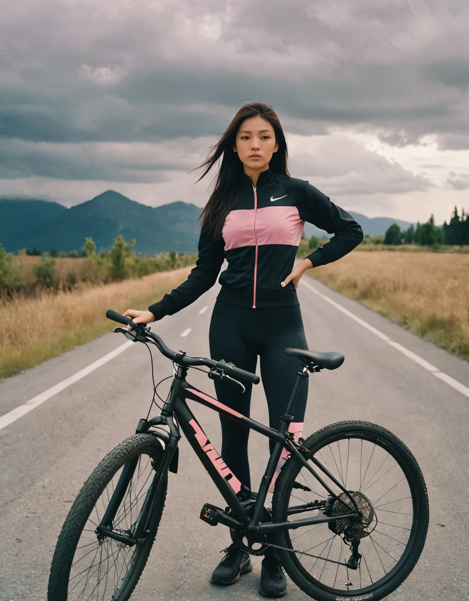 girl MagMix, big breasts, Analog film photography, codachrome, long hair, wearing a black tracksuit from Nike, standing on an empty road, Cloudy sky, the girl in the photo is from the waist up, Standing on the right, a black and pink road bike stands next to it, which is not completely visible, waist-sized bike, mountains are visible in the background, girl holding a bicycle with one hand, big size bike