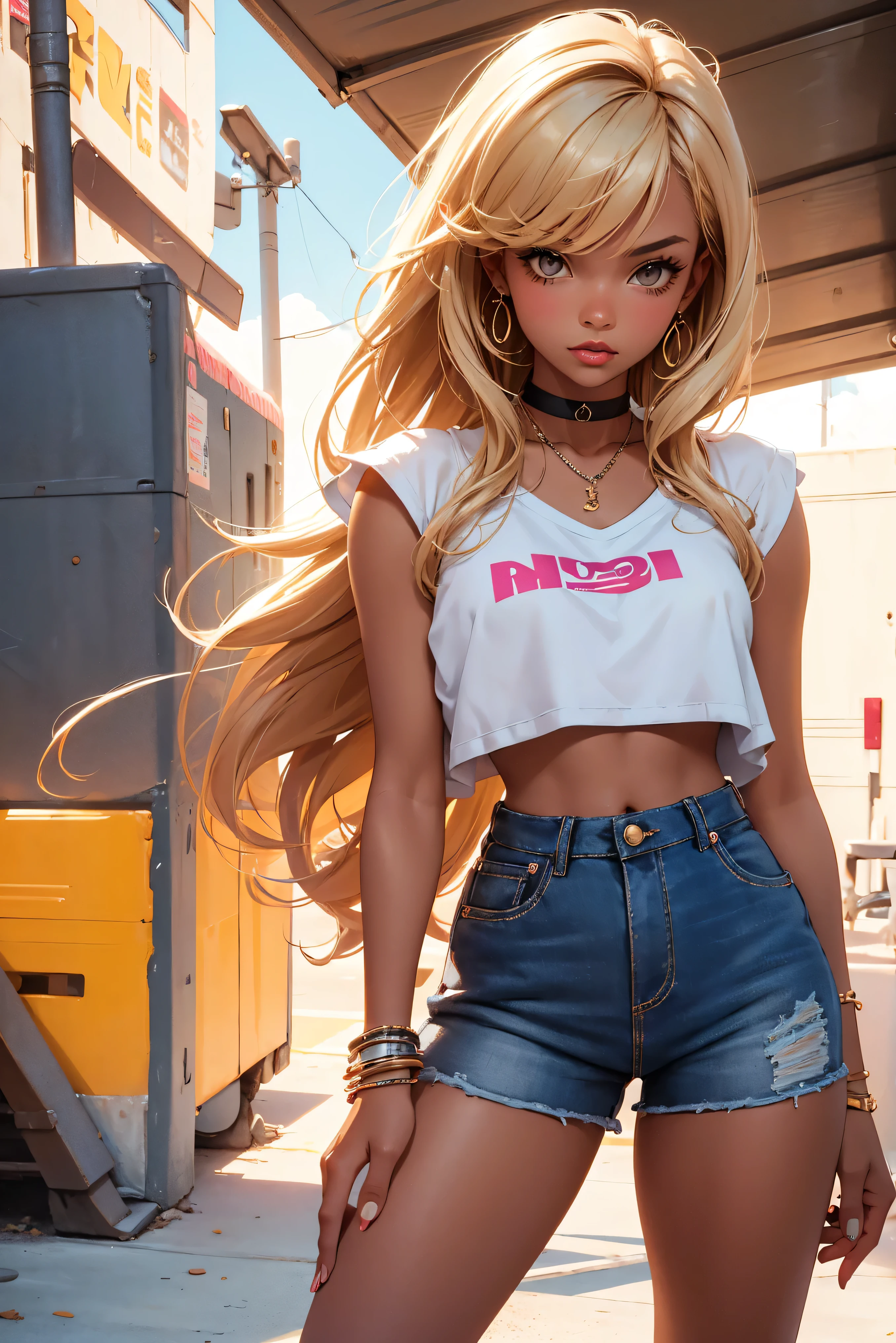 Metal Family, girl, ************, blonde, unruly long hair, with blue eyes, attractive, athletic build, wearing a coffee T-shirt, tight-fitting black trousers, wristbands.