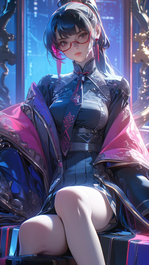 Masterpiece, top quality, highly detailed, Beautiful mature girl wearing black frame glasses, long pink hair ponytail with bangs,Black uniform with red trim, red tie and thigh-high black stockings