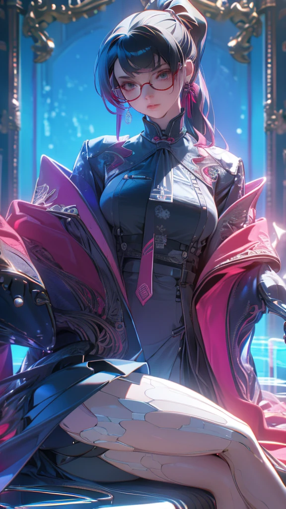 Masterpiece, top quality, highly detailed, Beautiful mature girl wearing black frame glasses, long pink hair ponytail with bangs,Black uniform with red trim, red tie and thigh-high black stockings