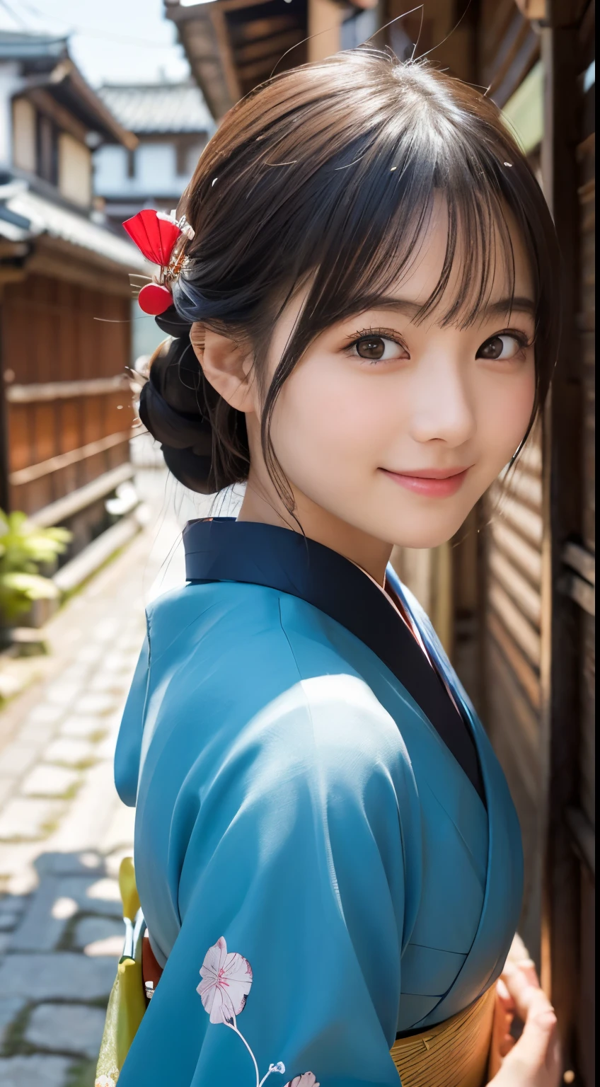 Professional Lighting,(Photorealistic:1.4), (Top image quality:1.0), (超A high resolution:1.0), 8k, Raw photography, (masterpiece:0.2), (Facing the children_v1:0.5)、(最高quality Detail:1.2)、Realistic、8K Ultra HD、High resolution、(1 girl:1.2)、超detailedな、High quality textures、複雑なdetailed、detailed、Very detailed CG、High quality shadows、detailed 美しく繊細な顔、Beautiful details and a delicate eye、(Symmetrical eyes:1.2),Written boundary depth、Ray Tracing,1 girl, Japanese Girls, (Natural smile:1.4),cute, thin, Portrait of a beautiful Japanese woman in a kimono, Standing elegantly on a street corner in Kyoto. Kimono with vibrant traditional patterns, Hair decorated with elegant and delicate hairpins, Gentle expression. (With the old streets of Kyoto in the background:1.4)、The soft light of a spring afternoon、Adding tranquility to the scene. Rendered in a Realistic style with great attention to detail, High resolutionの画像.Sky Porn, Magic Hour, (Realistic:1.3), finely, quality, (Tabletop:1.2), (Realistic:1.2), (最高quality), (複雑なdetailed), dramatic, Ray Tracing, photograph, +roller