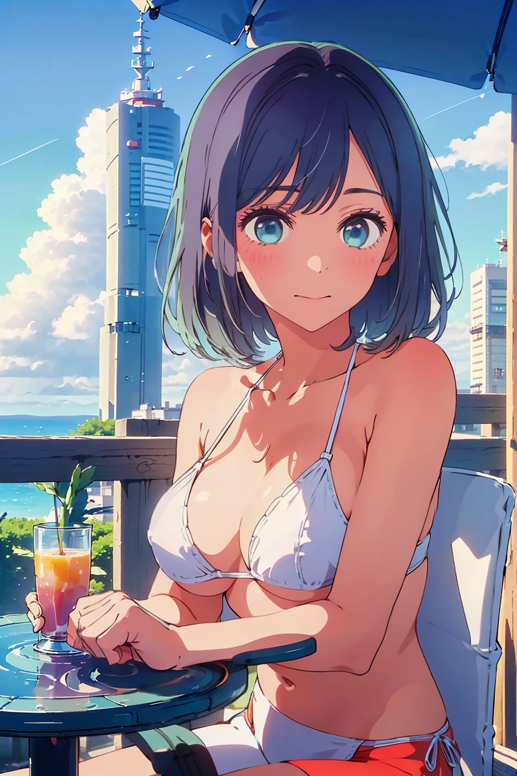 (Highest quality:1.4、8k:1.4、detailed)、F cup bust、Big Breasts、Slim body、Very white beautiful skin、((((1 person、smile、smile、sit、Chair、In the background are the urban buildings of Tokyo、looking at the camera、Outdoor café terrace、coastal、Navy hair color、juice、White side string high leg bikini、Shooting up close、table、Very cute face))))、(Pose of putting hair behind ears with hands:1.4)、Very blue sky、A completely cloudless sky