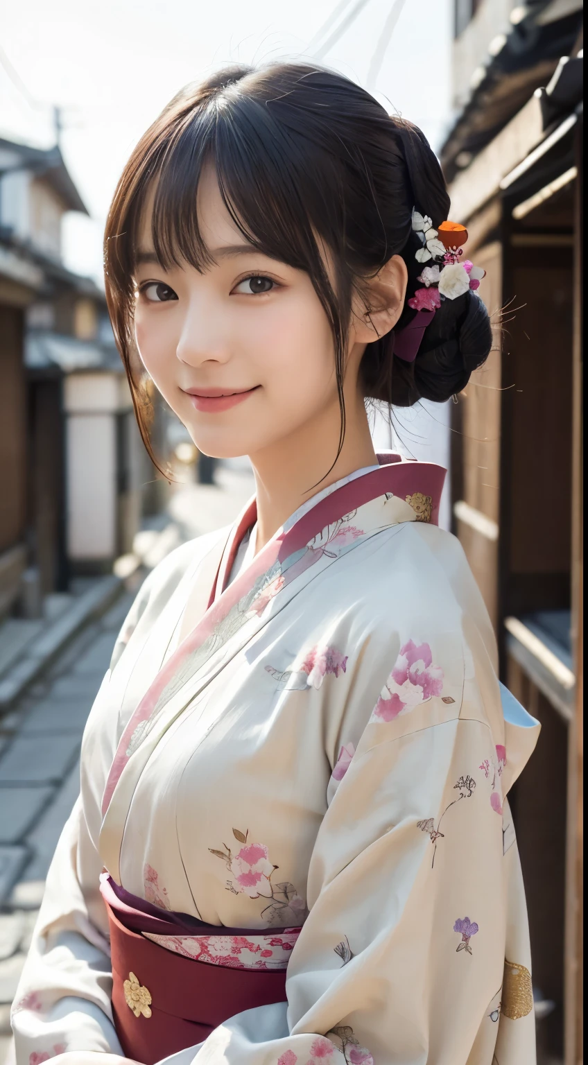 Professional Lighting,(Photorealistic:1.4), (Top image quality:1.0), (超A high resolution:1.0), 8k, Raw photography, (masterpiece:0.2), (Facing the children_v1:0.5)、(最高quality Detail:1.2)、Realistic、8K Ultra HD、High resolution、(1 girl:1.2)、超detailedな、High quality textures、複雑なdetailed、detailed、Very detailed CG、High quality shadows、detailed 美しく繊細な顔、Beautiful details and a delicate eye、(Symmetrical eyes:1.2),Written boundary depth、Ray Tracing,1 girl, Japanese Girls, (Natural smile:1.4),cute, thin, Portrait of a beautiful Japanese woman in a kimono, Standing elegantly on a street corner in Kyoto. Kimono with vibrant traditional patterns, Hair decorated with elegant and delicate hairpins, Gentle expression. (With the old streets of Kyoto in the background:1.4)、The soft light of a spring afternoon、Adding tranquility to the scene. Rendered in a Realistic style with great attention to detail, High resolutionの画像.Sky Porn, Magic Hour, (Realistic:1.3), finely, quality, (Tabletop:1.2), (Realistic:1.2), (最高quality), (複雑なdetailed), dramatic, Ray Tracing, photograph, +roller