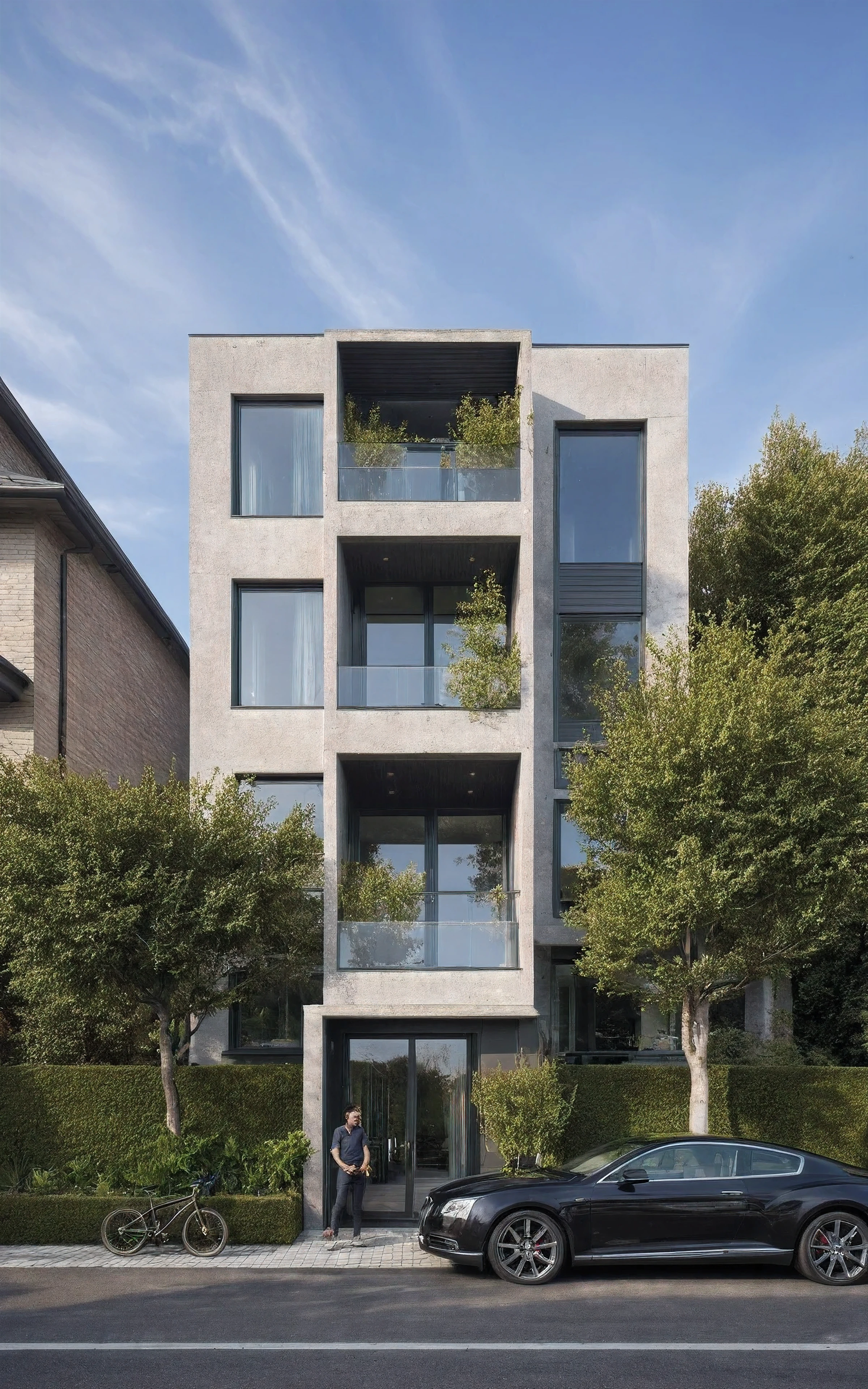 villa moderne, (style moderne:1.2), exterior design, vue de perspective, (block sidewalks and asphalt roads), (la maison du voisin d'Beside), (jour light sky background), Arbres bas autour de la maison, atmosphère globalement paisible photo cinématographique, (L'neutral lighting suitable for the modern villa, clear color thermometer sunlight 5500 KEVIN), Hyperrealistic art, professionnel, 8k, very detailed ï¼, (visualisation de la conception architecturale), (reflection), (se concentrer sur un objet), (material normal bump real reflection), (Scattered light), (hidden light) (rayon de lumière), (lumière multifaisceaux), (rayon de soleil) (multi-level reflection), (rendu de visualisation du logiciel corona:1.2),(((best quality))), ((chef-d'artwork)), ((meilleure illustration)), ((meilleures ombres)), ((great detail)), (Lignes complexes), (photorealism),(hyper detail), ((archaic)), ((Award-winning design)), (dynamic light), ((jour)), (Lumière parfaite), (Shimmering light), ((photorealistic)), ((complex detail)), ((extreme detail)), ((science)), ((hyper-detail)), ((great detail)), ((super realistic)), ((Crazy Detail)), ((rendu d'octane)), ((cinematic)), ((tendance sur artstation)), ((High fidelity)), ((video)), ((croustillant)), ((Brillant)), ((Superbe)), ((Attrayant)), ((High quality)),((pointu))((Brillant)), ((Superbe)), naturel, ((Attrayant)), ((Enlightening)), ((impeccable)), ((High quality)),((pointu edge render)), ((moderately soft lighting)), ((rendu photographique)), ((detailed archiving)), {real environment|spring adjustment|espace de style tropical}