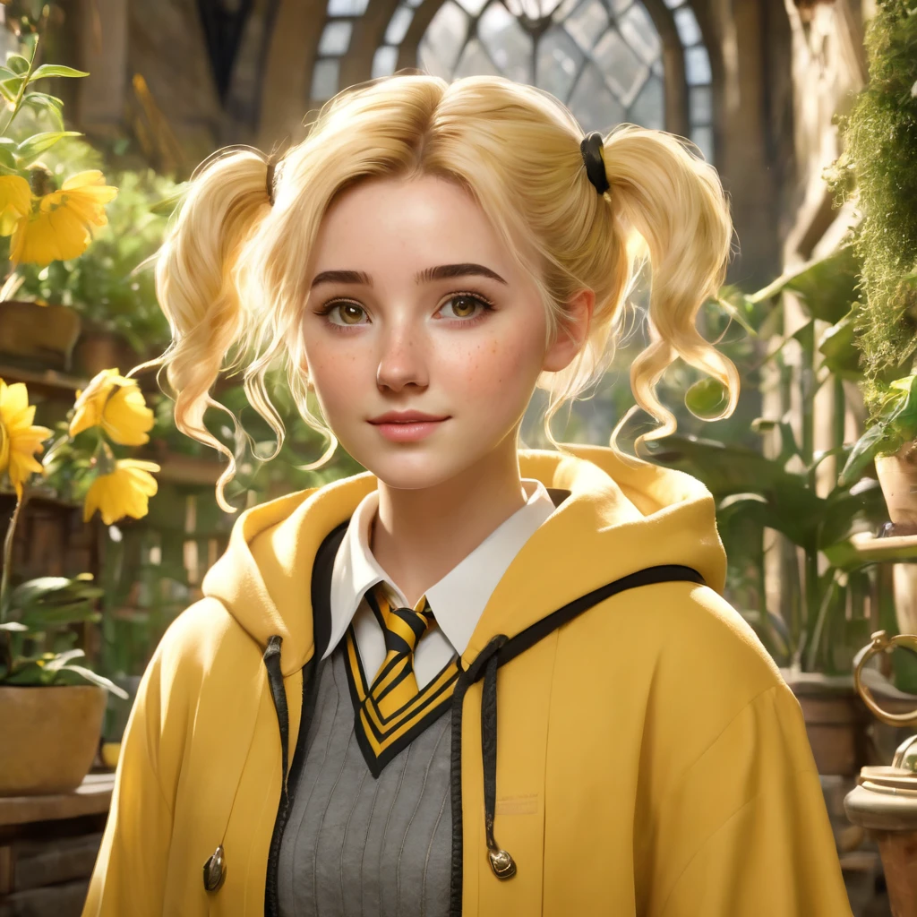 Best quality, masterpiece, Hogwarts student, Hufflepuff, short hair, high twin tails. Short golden blonde twintail hair, serious, very mischievous, cute and bright, with freckles on her face along with her cute puppy in detail. brown eyes A delicate face, beautiful skin, the background is in the Hogwarts greenhouse, soft, mysterious light, soft shadows. Detailed textures, dynamic lighting