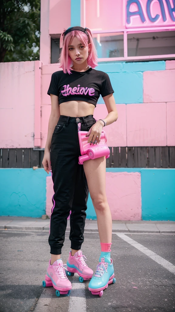 arafed woman in black shirt and pink roller skateboard on street, neon pastel, pastel neon, neon pastel colors, rollerskates, pink and blue neon, pastel neon colors, vibrant neon pastel, neon vibes, pastel pink neon, neon style, rollerblading, pink white turquoise, pastel vibe, high shoes, rollerskaters, roller skating, cool style