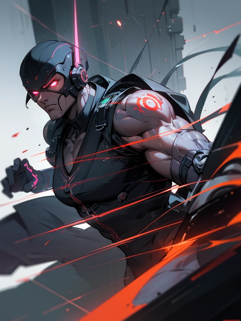 a muscular cyborg ninja in a high-tech cyberpunk setting, highly detailed face and body, striking dynamic pose, cinematic lighting, digital painting, intricate machinery, neon colors, sci-fi atmosphere, hyper realistic, 8k, best quality, masterpiece