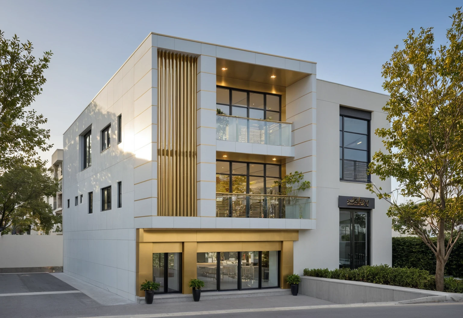 Raw photo,Masterpiece, high quality, best quality, authentic, super detail, modern style, aiaigroup, office building, decorative bars, decorative louvers, sun louvers, aluminum wall cladding, (Gold aluminum paneled facade:1.2), glass railing, outdoors, tree, building, scenery, city, road, real world location, treet, window, balcony, glass railing, on the street, minimalist line, daylight, realistic