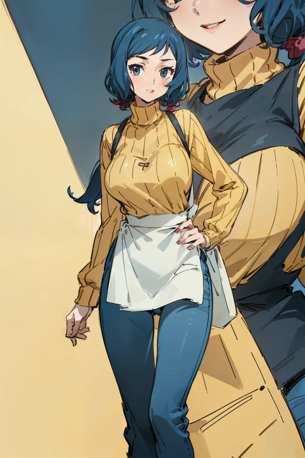 (Masterpiece), Best Quality, ultra-detailed, 1girl (rinko_iori, Slender and sexy body, big and pretty breasts, dark blue hair, long wave hair, blue eyes), smile,parted lips, facing viewer, looking at viewer, solo, yellow turtle neck sweater, black apron, denim pants, in the store, standing, Sexy waist teasing