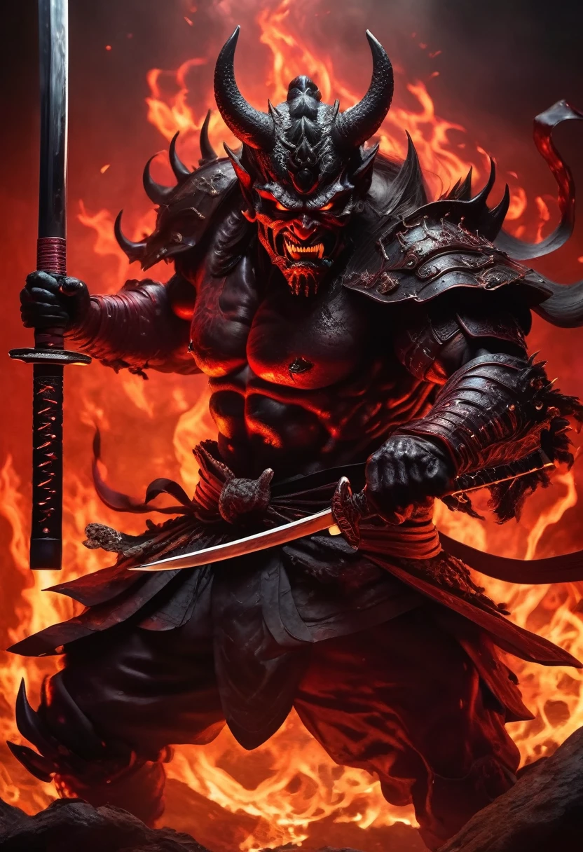 (best quality,highres,ultra-detailed:1.2),sinister demon resembling a samurai (oil painting, fine art:1.2),with a menacing aura, brandishing a sword,dark and ominous atmosphere,sharp focus on the demon's piercing eyes and menacing expression,masterful brushwork captures the intricate details of the demon's armor,emotion-filled, with veins popping and muscles tensed,hellish fire illuminating the demon's silhouette in the background,creating a terrifying and dramatic scene,using a monochromatic color palette with deep shades of red and black,contrast of light and shadow enhancing the demonic presence,studio lighting emphasizing the demon's powerful presence.