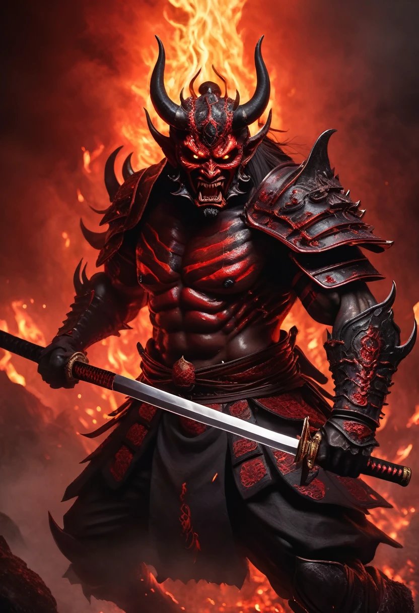 (best quality,highres,ultra-detailed:1.2),sinister demon resembling a samurai (oil painting, fine art:1.2),with a menacing aura, brandishing a sword,dark and ominous atmosphere,sharp focus on the demon's piercing eyes and menacing expression,masterful brushwork captures the intricate details of the demon's armor,emotion-filled, with veins popping and muscles tensed,hellish fire illuminating the demon's silhouette in the background,creating a terrifying and dramatic scene,using a monochromatic color palette with deep shades of red and black,contrast of light and shadow enhancing the demonic presence,studio lighting emphasizing the demon's powerful presence.