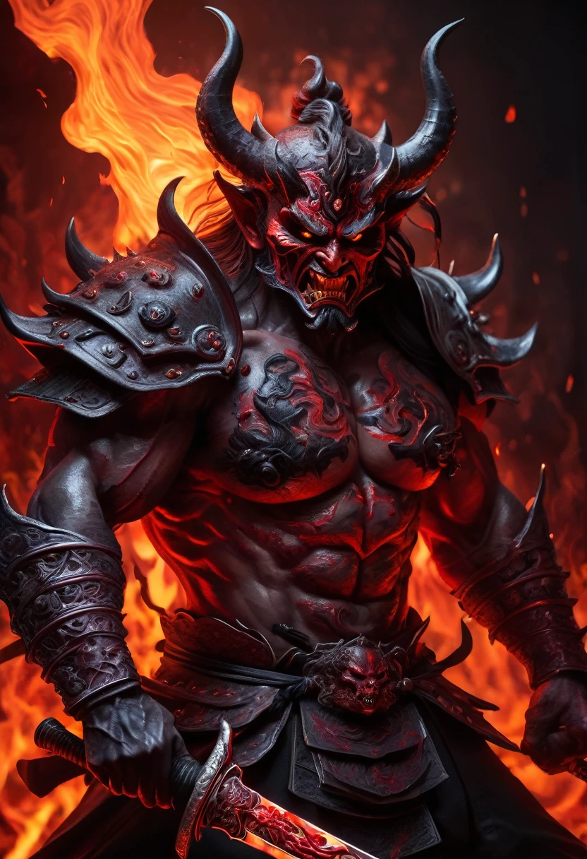 (best quality,highres,ultra-detailed:1.2),sinister demon resembling a samurai (oil painting, fine art:1.2),with a menacing aura, brandishing a sword,dark and ominous atmosphere,sharp focus on the demon's piercing eyes and menacing expression,masterful brushwork captures the intricate details of the demon's armor,emotion-filled, with veins popping and muscles tensed,hellish fire illuminating the demon's silhouette in the background,creating a terrifying and dramatic scene,using a monochromatic color palette with deep shades of red and black,contrast of light and shadow enhancing the demonic presence,studio lighting emphasizing the demon's powerful presence.