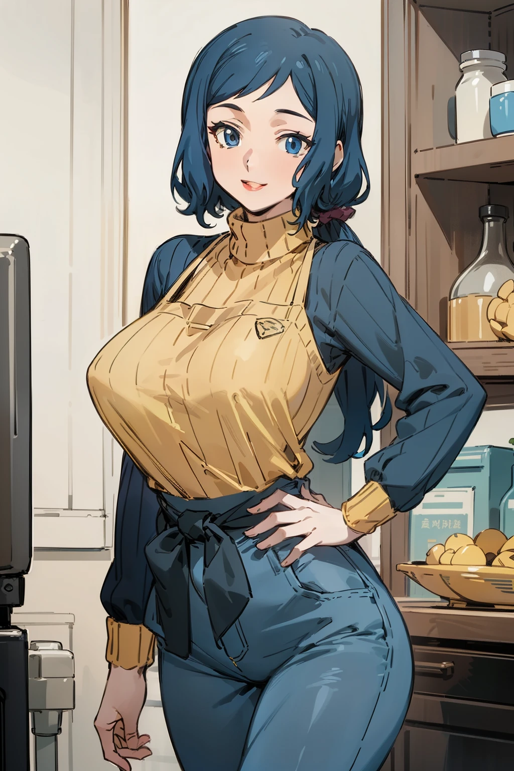 (Masterpiece), Best Quality, ultra-detailed, 1girl (rinko_iori,  Slender and sexy body, big and pretty breasts, dark blue hair, long wave hair, blue  eyes), smile,parted lips, facing viewer, looking at viewer, solo, yellow turtle neck sweater, black apron, denim pants, in the  store, standing,  Sexy waist teasing 