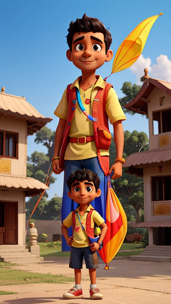 Raju is standing outside his house, holding a new colourful kite in his hand. He looks excited.