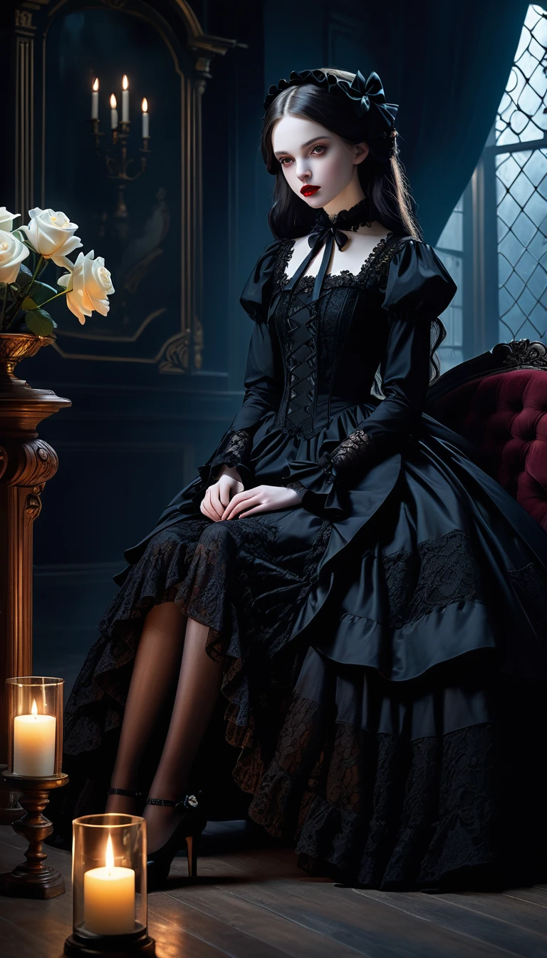 a gothic ta girl,pale skin,red lips,porcelain doll-like face,intricate black lace Evening Dress,(whole body),Exquisite shoes,Thick stockings,ruffles,White Rose,bows,high collar,long black hair,haunting gaze,dark fairy tale,dramatic lighting,moody atmosphere,cinematic,highly detailed,masterpiece,photorealistic