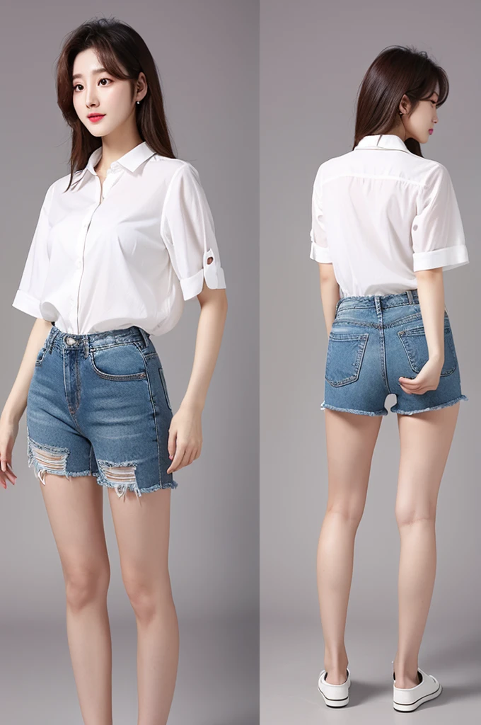 white　shirt　denim　short pants　back