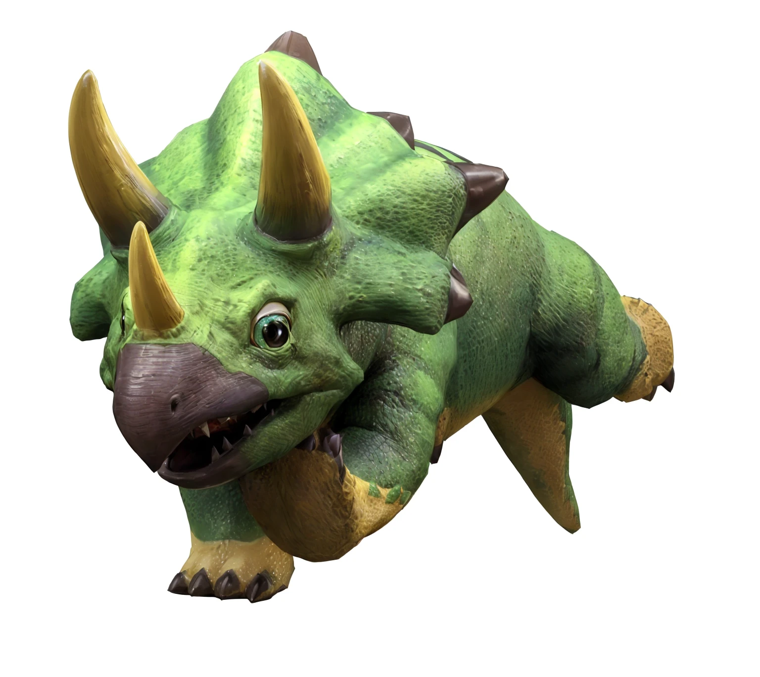 a close up of a green and yellow 恐龙 with horns, triceratops, Rhino rendering, Cartoon style dinosaurs