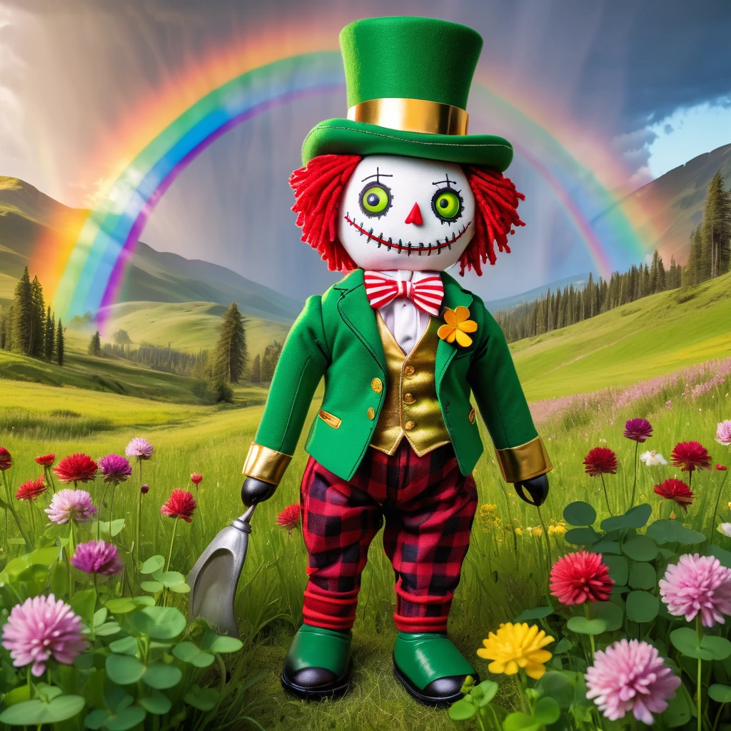 (knitted toy voodoo doll:1.9), (voodoo leprechaun:1.4), (holding a pot of gold:1.9), (wearing a green top hat with a gold buckle:1.2), (green checkered vest:1.2), (red knee-length pants:1.4), (striped green and white socks:1.2), (standing in a beautiful meadow filled with clover:1.4), (rainbow in the background:1.8), best quality, masterpiece, detailed soft oil painting, detailed background, dramatic cinematic lighting, soft edge lighting, professional, dramatic lighting, hard edge lighting, ultra quality, 4k, masterpiece, best quality, 8k, ultra high definition, high resolution, extremely detailed