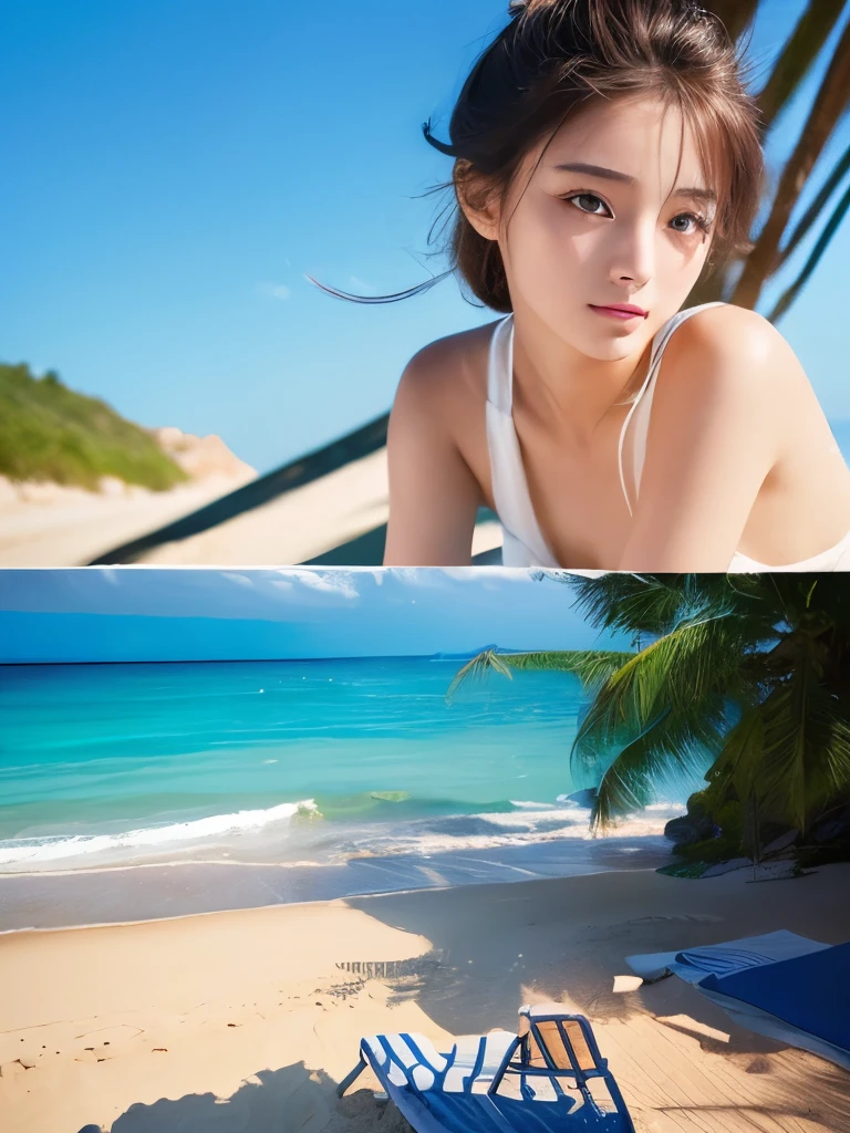 (Highly detailed and high quality original photos:1.5)、1 beautiful girl、(Best lighting and shadow effects, Ultra-realistic)、Beach、Water&#39;s Edge、Tropical Resort、A young woman with tanned skin and long light brown hair、Hollow Eyey thoughts go far beyond the sea、Turn your back,Half Body,Staring blankly at the sea,((Pensive expression,View of the sea))、Beautiful breasts、Slender body、