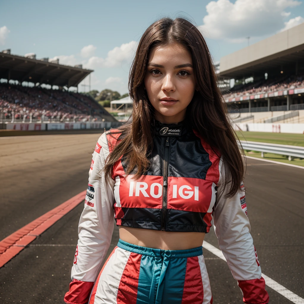 1girl in, 30 years old, Square face, Long hair, Looking at viewer, jewelry, Realistic, Sexy, racing outfit, colorful outfit, F1 racetrack background, freestyle pose