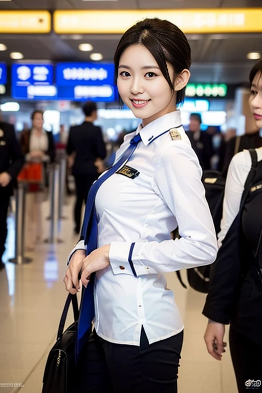 a gorgeous lady, age 21, Flight Attendant uniform, Shenzhen Airlines Stewardess，natural pose in airport, dimpled smile, short ponytail hair, short bob hair, cute snaggleteeth, well-endowed round bosom, photorealistic, beautiful detailed eyes, hyper-realism, high contrast, ultra HD, realistic skin textures, top image quality, top-quality, super high resolution, fine details, very meticulously, head to knees, ass focus, bokeh background