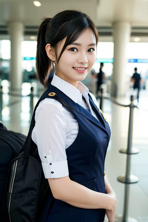 a gorgeous lady, age 21, Flight Attendant uniform, Shenzhen Airlines Stewardess,natural pose in airport, dimpled smile, short ponytail hair, short bob hair, cute snaggleteeth, well-endowed round bosom, photorealistic, beautiful detailed eyes, hyper-realism, high contrast, ultra HD, realistic skin textures, top image quality, top-quality, super high resolution, fine details, very meticulously, head to knees, ass focus, bokeh background