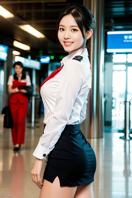 a gorgeous lady, age 21, Flight Attendant uniform, Shenzhen Airlines Stewardess，natural pose in airport, dimpled smile, short ponytail hair, short bob hair, cute snaggleteeth, well-endowed round bosom, photorealistic, beautiful detailed eyes, hyper-realism, high contrast, ultra HD, realistic skin textures, top image quality, top-quality, super high resolution, fine details, very meticulously, head to knees, ass focus, bokeh background