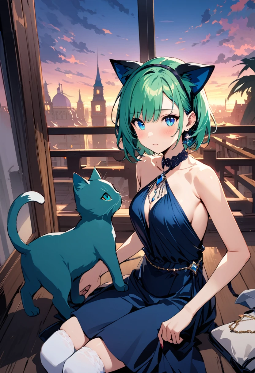 masterpiece, Highest quality, Illustrations for novels, High resolution, Aduntent, Sensual, Intimate, Emotional, Passionate, romantic, sweet, Adorable, Innocent, Pure, Enchanting, Enchantingな, attractive, mysterious, Enchantingな, Enchanting, Immersive, Enchantingな, dream-like, Surreal, Imaginative, Whimsical, Artistic, Avant-garde, timeless, elegant, Sophisticated, chic, Sophisticated, Individuality, original, Enchantingな,One girl,Deltamon_beta, al, blue eyes, Knee socks, Animal ears, Bare shoulders, Blue Tail, Earrings,Removable sleeves, Green Hair, No sleeve, Cat ear, bag, white Knee socks, Cat's Tail,pink backpack,Pink school bag,Lavender lace: Lavender Peter Pan collar lace dress, Paired with ivory tights and Mary Jane shoes.,Cherry-blossom viewing, azalea, satsuki, azalea blizzard,
rest ((Avoidance method ((kitten)), Evening Dress,evening dress,Evening Dresses:1.3)),Upper Body