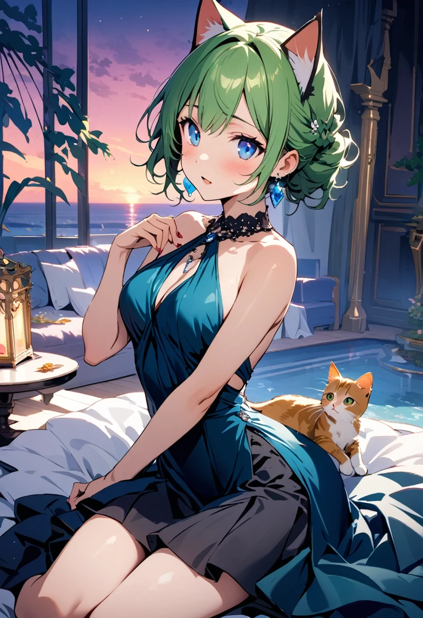 masterpiece, Highest quality, Illustrations for novels, High resolution, 18+ Adult content, Sensual, Intimate, Emotional, Passionate, romantic, sweet, Adorable, Innocent, Pure, Enchanting, Enchantingな, attractive, mysterious, Enchantingな, Enchanting, Immersive, Enchantingな, dream-like, Surreal, Imaginative, Whimsical, Artistic, Avant-garde, timeless, elegant, Sophisticated, chic, Sophisticated, Individuality, original, Enchantingな,One girl,Deltamon_beta, alone, blue eyes, Knee socks, Animal ears, Bare shoulders, Blue Tail, Earrings,Removable sleeves, Green Hair, No sleeve, Cat ear, bag, white Knee socks, Cat&#39;s Tail,pink backpack,Pink school bag,Lavender lace: Lavender Peter Pan collar lace dress, Paired with ivory tights and Mary Jane shoes.,Cherry-blossom viewing, azalea, satsuki, azalea blizzard,
rest ((Avoidance method ((kitten)), Evening Dress,evening dress,Evening Dresses:1.3)),Upper Body