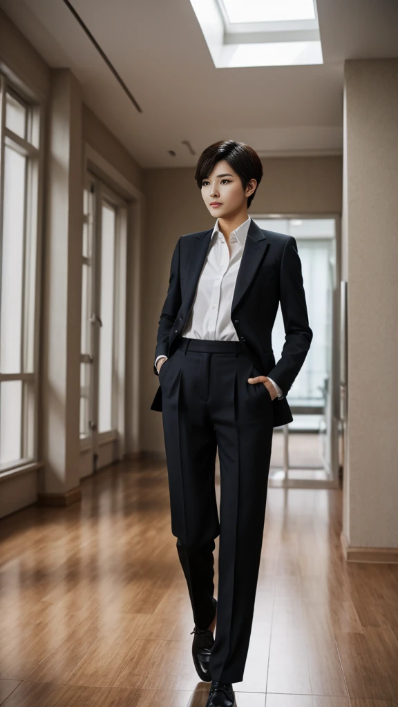 A Korean woman with short hair and feminine face features crossdressing as a man wearing man's suit, long sleeved shirt, pants, and combat shoes standing in an office with masculine pose and fierce expression, facing straight to the camera, detailed face, detailed clothes, detailed background
