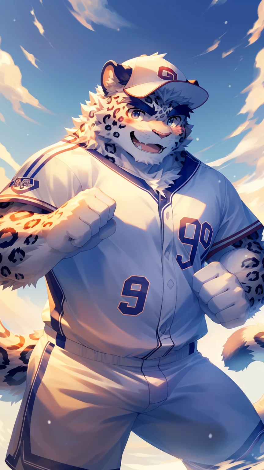 (Vision:1.5), solitary, anthropology, hairy, hairy male, snow leopard, ((Fluffy fur, Fluffy, hairy body)), (snow leopard print), (Thick eyebrows), youth, muscular, White and big skin, Blue-gray pupils, Detailed teeth, defaced face, fundos, athlete, Purple gray baseball uniform,  Small bump, Softball Field上, He is playing baseball, Baseball cap, Shy expression, A faint smile, blush, (Dynamic poses:1.5), Clear facial features, Strong, majestic, solitary, panoramic, Fog atmosphere, early morning, Tyndall light effect, Softball Field, (By Empty Ghost, From snow leopard20, masterpiece, high quality, high resolution,8K)