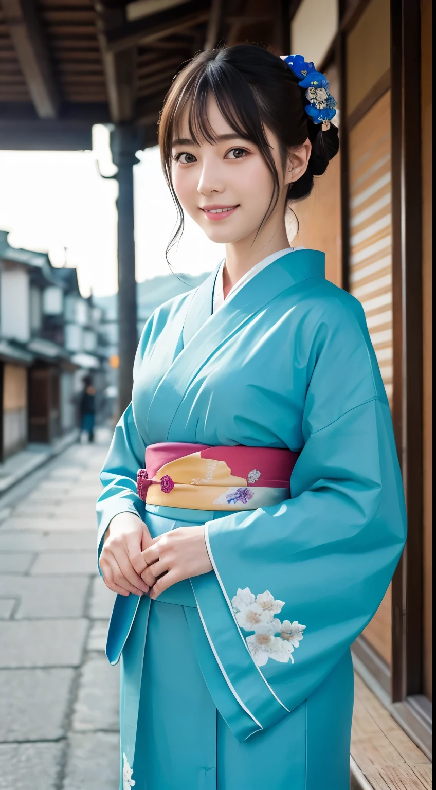 Professional Lighting,(Photorealistic:1.4), (Top image quality:1.0), (超A high resolution:1.0), 8k, Raw photography, (masterpiece:0.2), (Facing the children_v1:0.5)、(最高quality Detail:1.2)、Realistic、8K Ultra HD、High resolution、(1 girl:1.2)、超detailedな、High quality textures、複雑なdetailed、detailed、Very detailed CG、High quality shadows、detailed 美しく繊細な顔、Beautiful details and a delicate eye、(Symmetrical eyes:1.2),Written boundary depth、Ray Tracing,1 girl, Japanese Girls, (Natural smile:1.4),cute, thin, Portrait of a beautiful Japanese woman in a kimono, Standing elegantly on a street corner in Kyoto. Kimono with vibrant traditional patterns, Hair decorated with elegant and delicate hairpins, Gentle expression. (With the old streets of Kyoto in the background:1.4)、The soft light of a spring afternoon、Adding tranquility to the scene. Rendered in a Realistic style with great attention to detail, High resolutionの画像.Sky Porn, Magic Hour, (Realistic:1.3), finely, quality, (Tabletop:1.2), (Realistic:1.2), (最高quality), (複雑なdetailed), dramatic, Ray Tracing, photograph, +roller