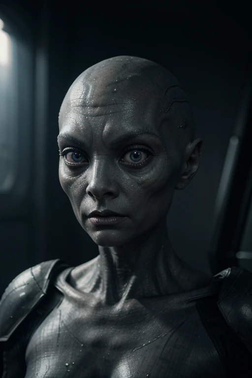 alien race, grey alien, dangerous, mystic, dark, sci-fi, hightech, accurate, not human like, reptile, atmospheric perspective, huge eyes 8k, super detail, best quality, high details, super detail, highres, masterpiece