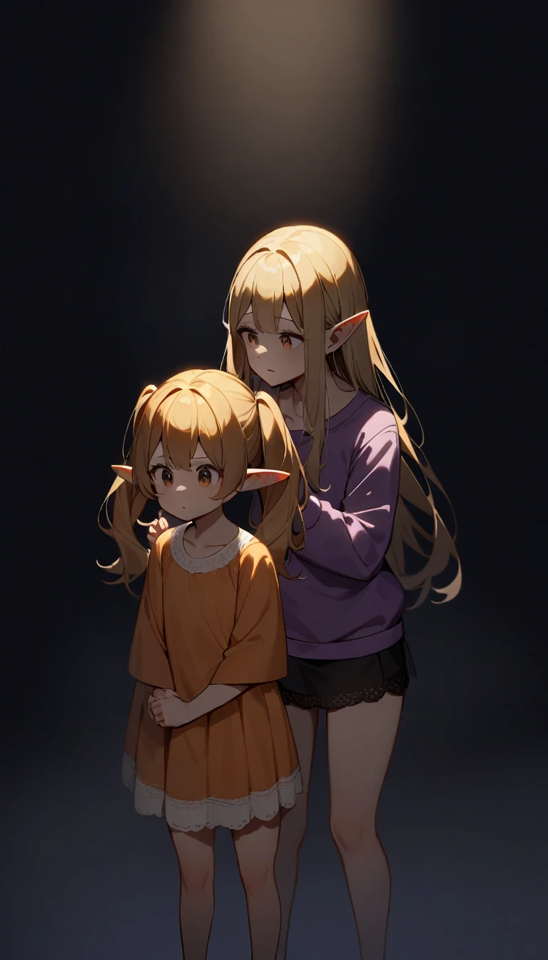 girl, Brown hair, two ponytails in hair, human ears, Brown eyes, White T-shirt, orange sundress, Black Belt, Short skirt, white lace at the end of the skirt, White background, full height, 2girl, blonde hair, Dark eyes, long hair, loose hair, elf, purple sweatshirt, In the dark, fear,