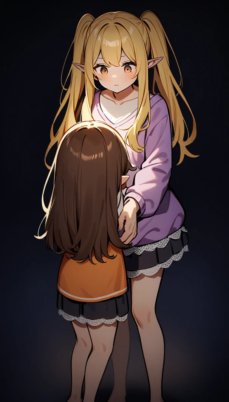 girl, Brown hair, two ponytails in hair, human ears, Brown eyes, White T-shirt, orange sundress, Black Belt, Short skirt, white lace at the end of the skirt, White background, full height, 2girl, blonde hair, Dark eyes, long hair, loose hair, elf, purple sweatshirt, In the dark, fear,