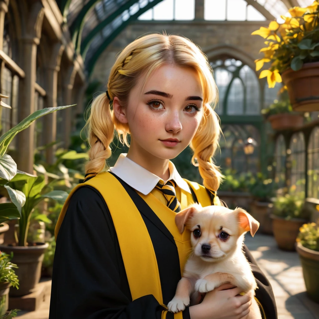 Best quality, masterpiece, Hogwarts student, Hufflepuff, short hair, high twin tails. Short golden blonde twintail hair, serious, very mischievous, cute and bright, with freckles on her face along with her cute puppy in detail. brown eyes A delicate face, beautiful skin, the background is in the Hogwarts greenhouse, soft, mysterious light, soft shadows. Detailed textures, dynamic lighting