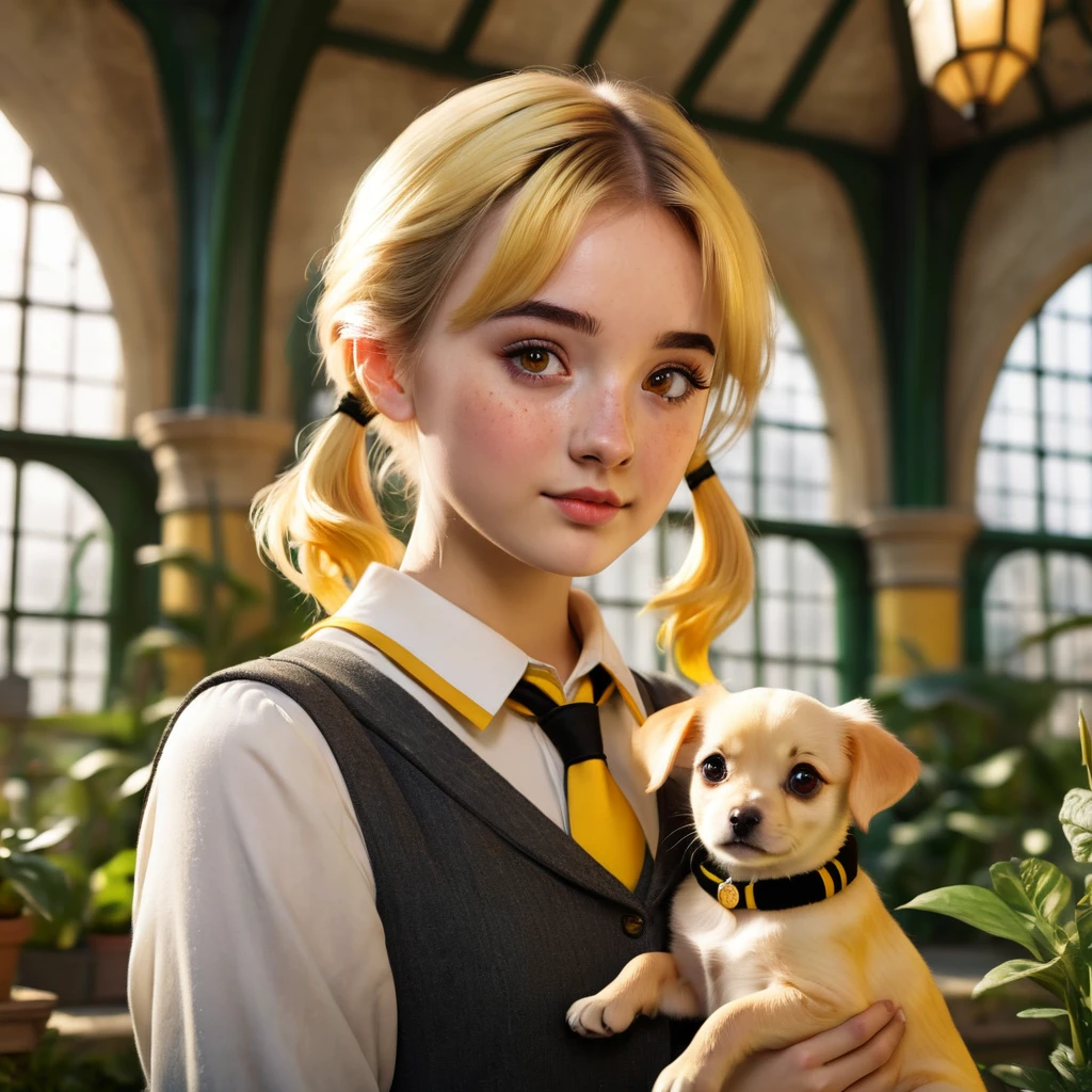 Best quality, masterpiece, Hogwarts student, Hufflepuff, short hair, high twin tails. Short golden blonde twintail hair, serious, very mischievous, cute and bright, with freckles on her face along with her cute puppy in detail. brown eyes A delicate face, beautiful skin, the background is in the Hogwarts greenhouse, soft, mysterious light, soft shadows. Detailed textures, dynamic lighting