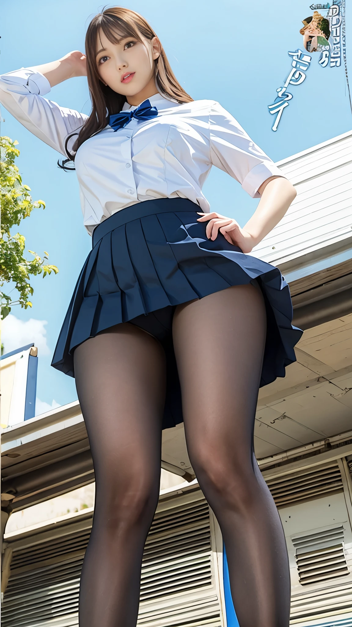 A tall high school girl with long legs and huge breasts standing on the station platform. View from below. Summer uniform, pleated skirt, pantyhose.