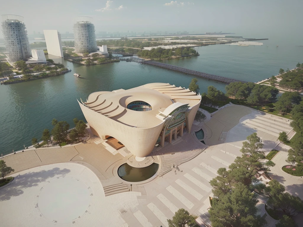 Aerial view of a building with a round roof and a body of water, Photos from 2022, inspired by Zha Shibiao, by Zha Shibiao, Beautiful rendering of the Tang Dynasty, Architectural Rendering, Architectural Visualization, Oktane rendering, urban plaza, Concept Art. Eight thousand, Architectural Rendering, Award-winning rendering