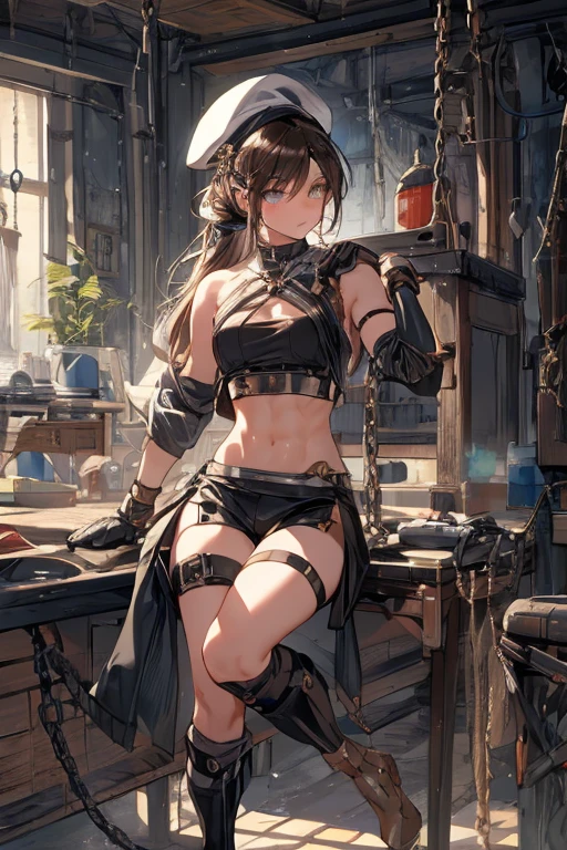 (small breasts:1.2), (perky chest:1.2), (pointed chest:1.2), dark bronde hair,long hair,side ponytail,hair between eyes,bangs, BREAK (beret, black jacket, open clothes, cleavage, midriff, black shorts, black thighhighs, thigh strap, fingerless gloves, single glove:1.2), Photo,sharpness,hyper-realistic textures,spectacular light textures,(((Beautiful woman with left leg restrained and hung by chains))),Appearance,Beautiful girl with accentuated slender abs: 1.1,six-pack abs: 1.1, Bust Botox,Standing on tiptoe, long legs,Long brown hair fluttering in the wind,Brown hair, Long hair, Female Warrior Costume,(No panties,No bra),(tacticul battle fashion,elbow and knee tacticul battle fashion, battle glove: 1.1),((cute batre costume)),The belly comes out and the navel is visible,Thin sheer costume, combat gloves,shredded costumes,cyber long combat boots with golden knee pads,Anatomical,(futuristic sci-fi battle fashion, long boots, gloves: 1.1),(tied perfectly by iron chain), Restraint, Slave, collars, contempt, (Chained), 4 chains hung from heaven, Metallic shackles and fetters, wet crotch clearly visible,((Hands are restrained above the head)), the neck is chained,Chain from left knee to heaven,Chained by silver chains,((the tip is protruding, areolas protruding,The shape of the pubic area is clearly visible:1.2)),Sweating,Wet,Wet crotch,Wet thighs,Junkyard, Realistic, (cute, perfect clothes, skimpy clothes, cute: 1.3) ((wide mirtary hospital with summer sunlight)), peeling ceilings, Rebar between, Realistic material details, Extreme details, Ultra-realistic materials,narrow waist,(with sparkling eyes and a contagious smile:0.9), detailed clothes features, (perky chest:1.1), (pointed chest:1.3),looking at viewer,
