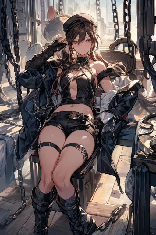 (small breasts:1.2), (perky chest:1.2), (pointed chest:1.2), dark bronde hair,long hair,side ponytail,hair between eyes,bangs, BREAK (beret, black jacket, open clothes, cleavage, midriff, black shorts, black thighhighs, thigh strap, fingerless gloves, single glove:1.2), Photo,sharpness,hyper-realistic textures,spectacular light textures,(((Beautiful woman with left leg restrained and hung by chains))),Appearance,Beautiful girl with accentuated slender abs: 1.1,six-pack abs: 1.1, Bust Botox,Standing on tiptoe, long legs,Long brown hair fluttering in the wind,Brown hair, Long hair, Female Warrior Costume,(No panties,No bra),(tacticul battle fashion,elbow and knee tacticul battle fashion, battle glove: 1.1),((cute batre costume)),The belly comes out and the navel is visible,Thin sheer costume, combat gloves,shredded costumes,cyber long combat boots with golden knee pads,Anatomical,(futuristic sci-fi battle fashion, long boots, gloves: 1.1),(tied perfectly by iron chain), Restraint, Slave, collars, contempt, (Chained), 4 chains hung from heaven, Metallic shackles and fetters, wet crotch clearly visible,((Hands are restrained above the head)), the neck is chained,Chain from left knee to heaven,Chained by silver chains,((the tip is protruding, areolas protruding,The shape of the pubic area is clearly visible:1.2)),Sweating,Wet,Wet crotch,Wet thighs,Junkyard, Realistic, (cute, perfect clothes, skimpy clothes, cute: 1.3) ((wide mirtary hospital with summer sunlight)), peeling ceilings, Rebar between, Realistic material details, Extreme details, Ultra-realistic materials,narrow waist,(with sparkling eyes and a contagious smile:0.9), detailed clothes features, (perky chest:1.1), (pointed chest:1.3),looking at viewer,
