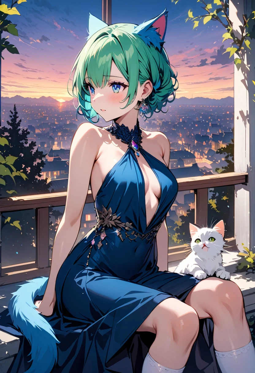 masterpiece, Highest quality, Illustrations for novels, High resolution, 18+ Adult content, Sensual, Intimate, Emotional, Passionate, romantic, sweet, Adorable, Innocent, Pure, Enchanting, Enchantingな, attractive, mysterious, Enchantingな, Enchanting, Immersive, Enchantingな, dream-like, Surreal, Imaginative, Whimsical, Artistic, Avant-garde, timeless, elegant, Sophisticated, chic, Sophisticated, Individuality, original, Enchantingな,One girl,Deltamon_beta, alone, blue eyes, Knee socks, Animal ears, Bare shoulders, Blue Tail, Earrings,Removable sleeves, Green Hair, No sleeve, Cat ear, bag, white Knee socks, Cat's Tail,pink backpack,Pink school bag,Lavender lace: Lavender Peter Pan collar lace dress, Paired with ivory tights and Mary Jane shoes.,Cherry-blossom viewing, azalea, satsuki, azalea blizzard,
rest ((Avoidance method ((kitten)), Evening Dress,evening dress,Evening Dresses:1.3))、Upper Body