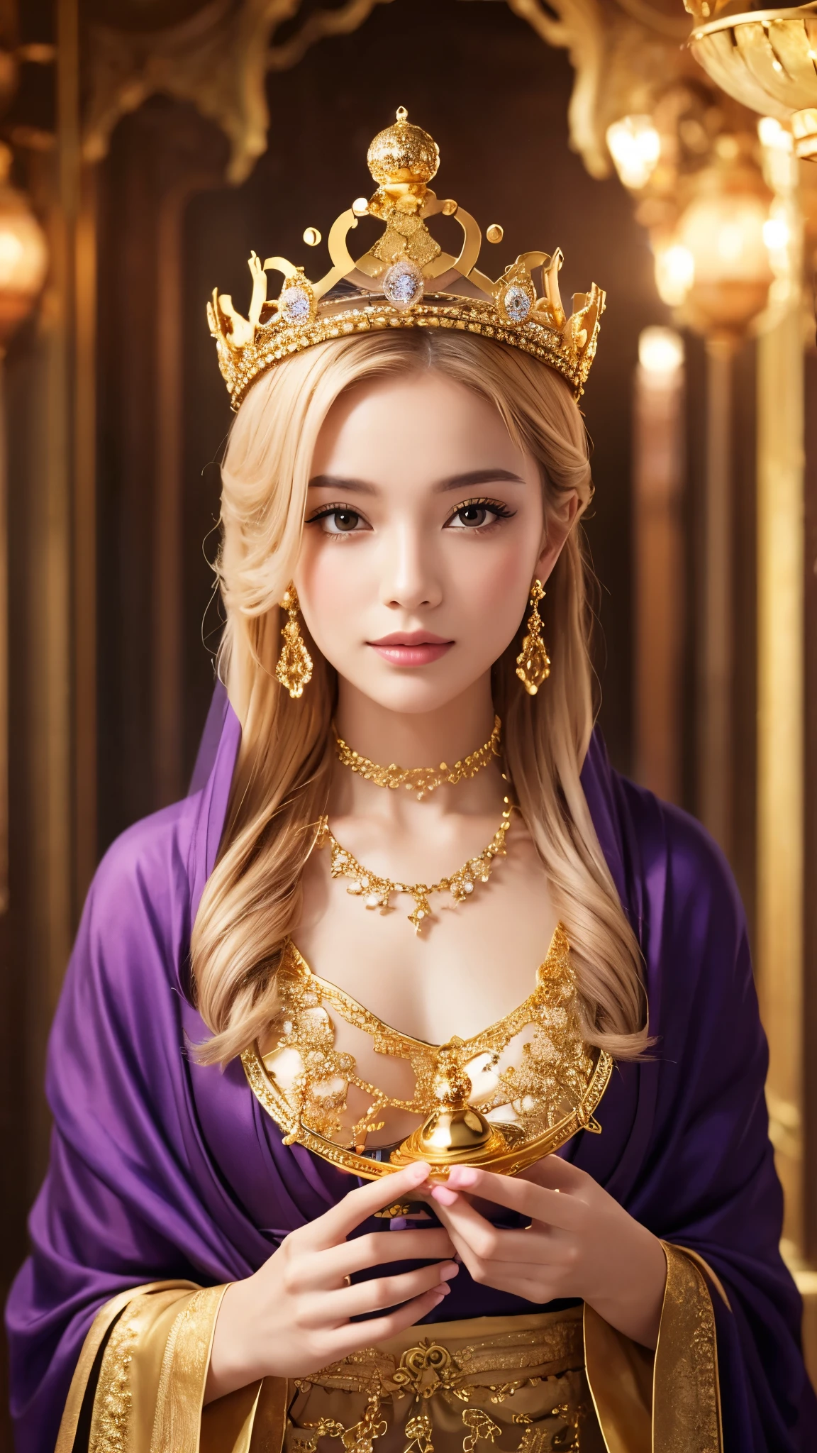 Digital artwork featuring a regal-looking white dog with a thick fur coat, possibly a Shiba Innu or Akita breed, The dog is running in a mountain, The dog wears a golden Crown filled with jewellery. The crown is big and is resting on its head giving him a prestigious image. The dog is adorned with an ornate, gold-embroidered red robe draped over its shoulders, and it wears an elaborate gold necklace with multiple pendants. The dog's expression is calm and dignified, showcasing its sharp, alert eyes and pointed ears. The lighting highlights the dog's fur and the intricate details of its attire, creating a striking contrast against mountain