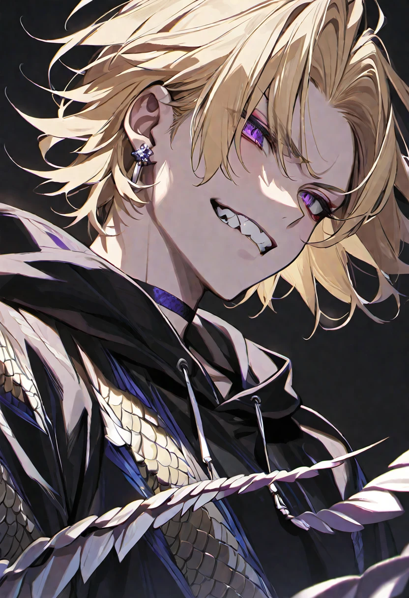 solo, handsome, 
1. male,
Hime cut,Straight Hair,short Hair, 
blonde hair, 
Gojo Satoru,
purple Eyes,Soft look,beautiful,Sexy,Darkness,Lots of silver earrings,choker,skin,
Dragon Scale,Black hoodie,Jagged teeth,
black  background,