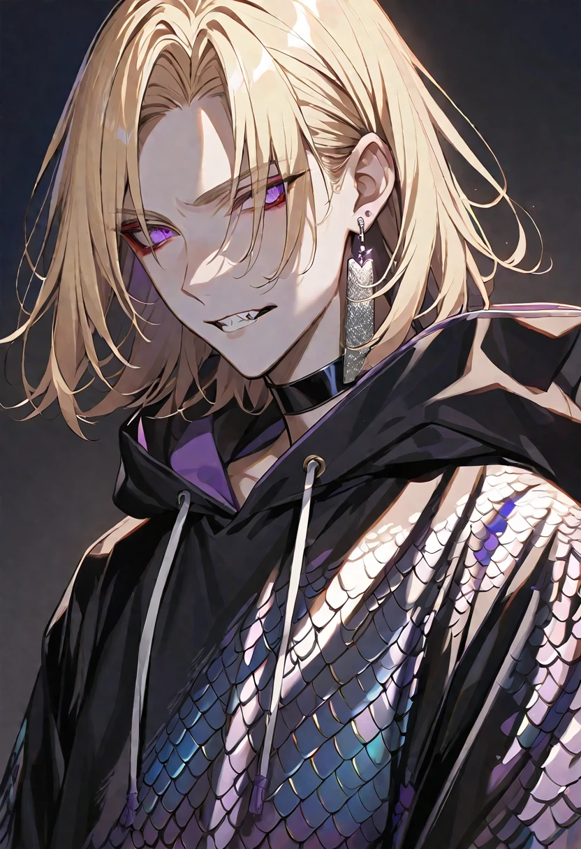 solo, handsome,
1. male,
Hime cut,Straight Hair,short Hair,
blonde hair,
Gojo Satoru,
purple Eyes,Soft look,beautiful,Sexy,Darkness,Lots of silver earrings,choker,skin,
Dragon Scale,Black hoodie,Jagged teeth,
black background,